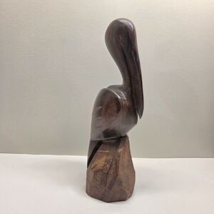 Handcarved 13.25" Wooden Pelican Figure - Rich Brown Wood Finish On Rough Base